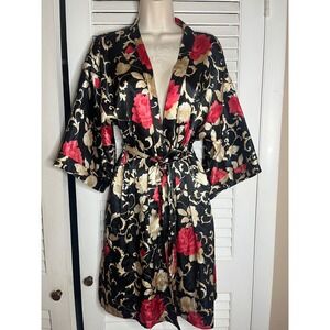 Vintage Inner Most Satin Floral Robe Kimono Style Medium Black Red Gold